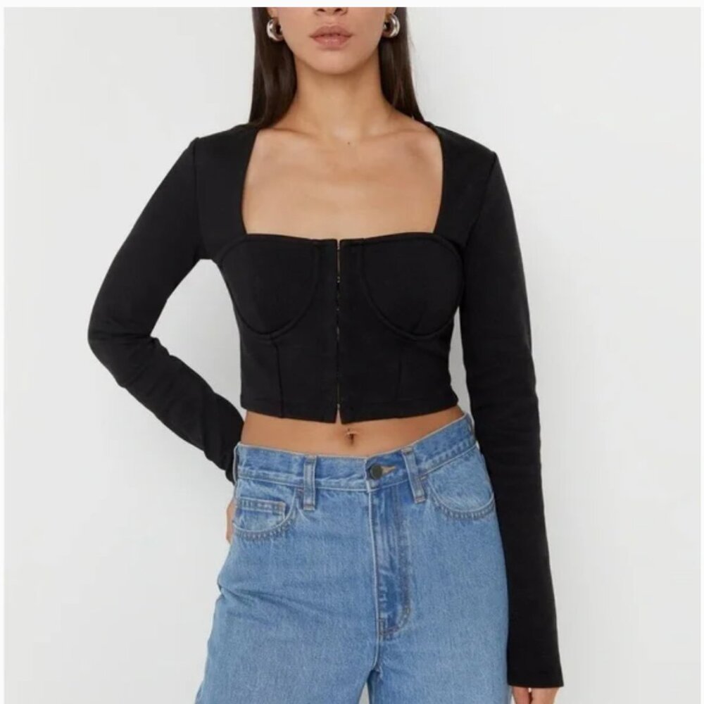 NWT Oak + Fort Black Long Sleeve Bustier Crop Top Women's XS